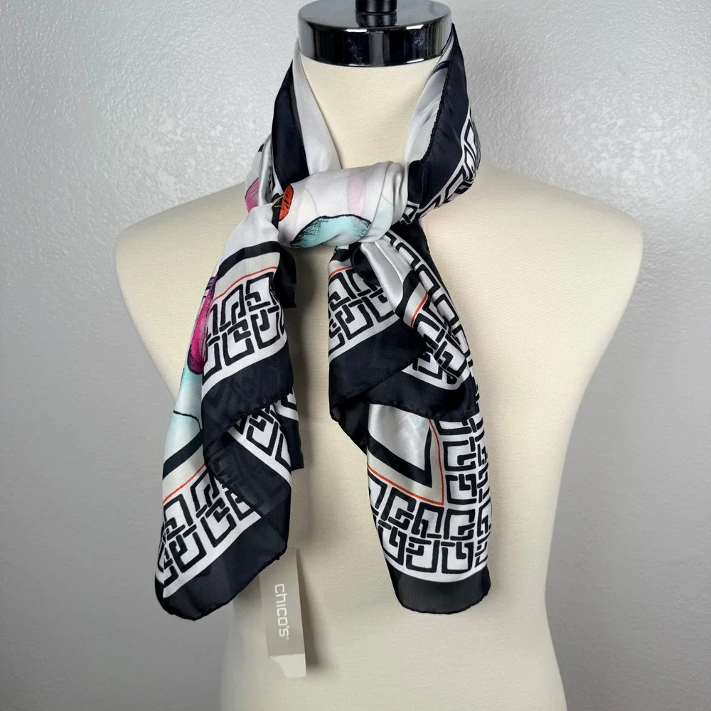 Chico's Floral BC Square Scarf Multi Color Geometric Border 570285352 NWT